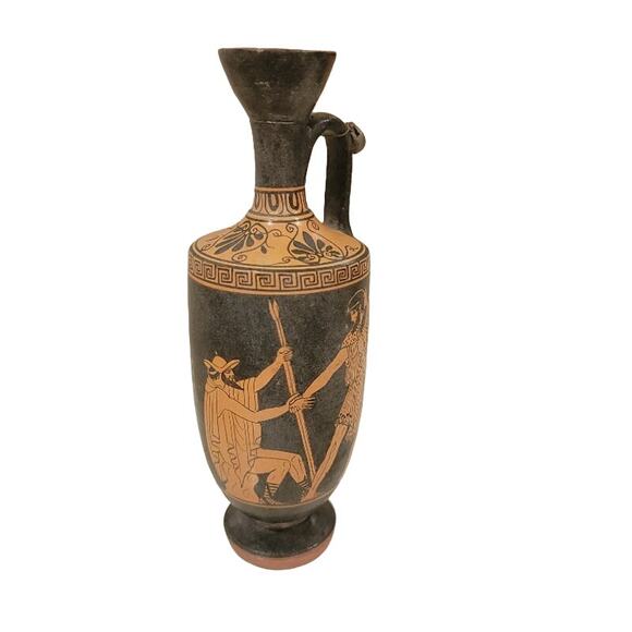 Greek Terracotta Vase Pottery Lekythos Red Figures Signed Gray Tan - Picture 2 of 9